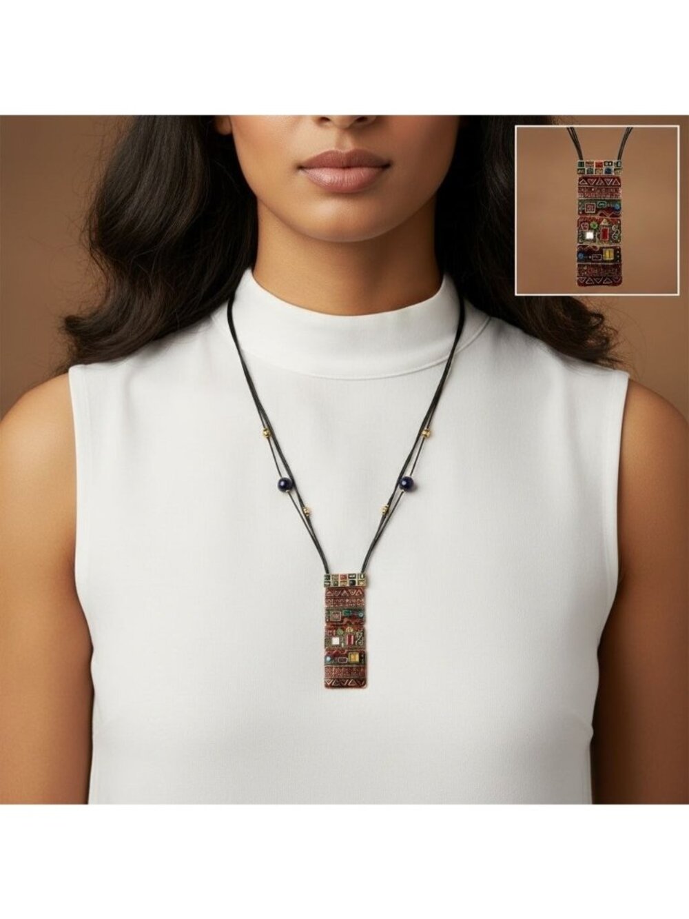 Chicos Long Artisan Beaded Pendant Necklace Multicolor Adjustable Cord Goldtone